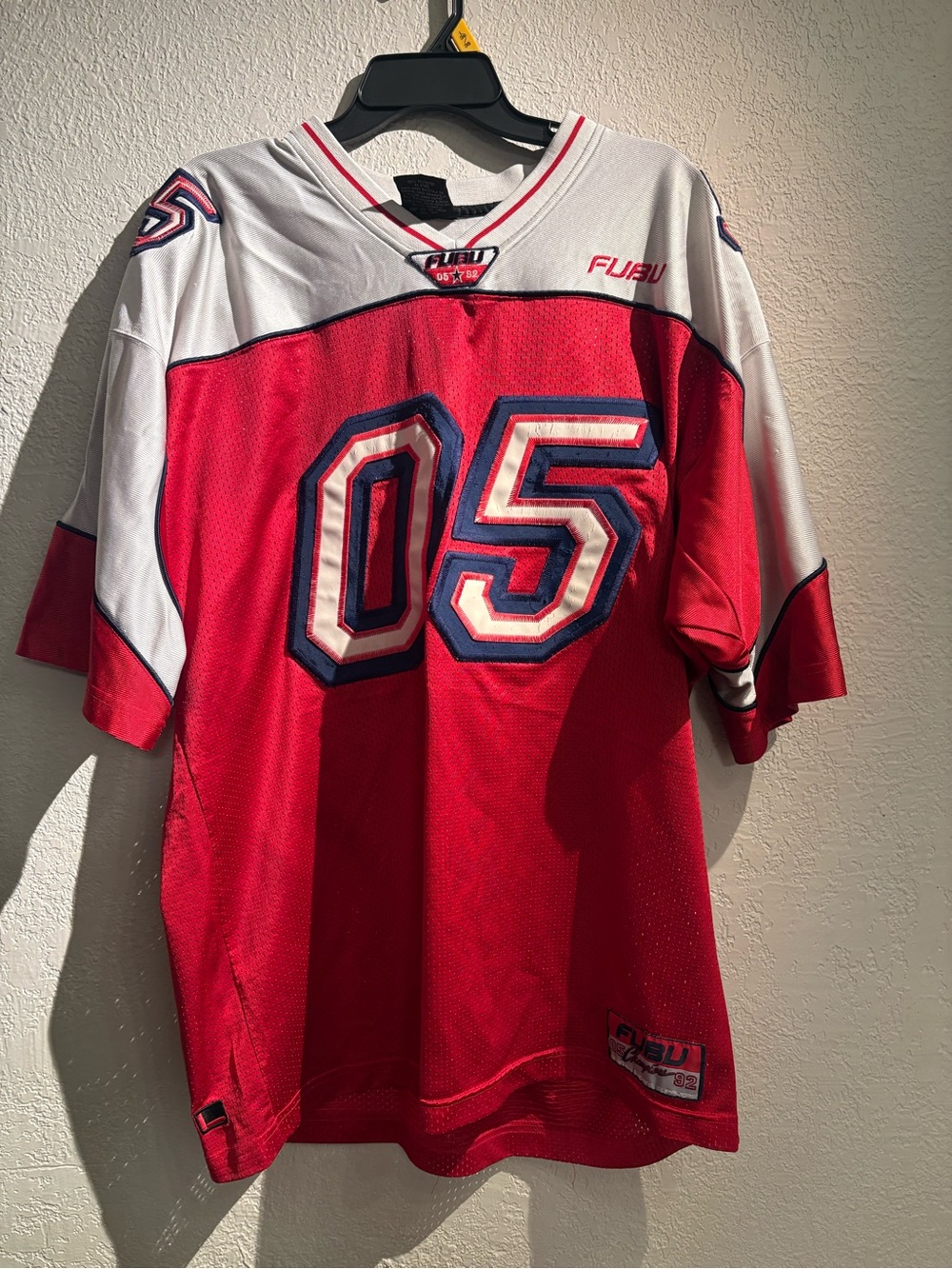 FUBU Red & White Men’s Football Jersey with Navy Trim